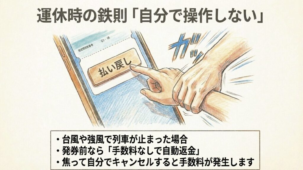 運休時の自動払い戻し 運休時は自分で払い戻し操作をしないという鉄則