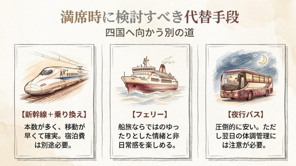 サンライズ瀬戸が満席時の新幹線やフェリーなど代替手段の比較
