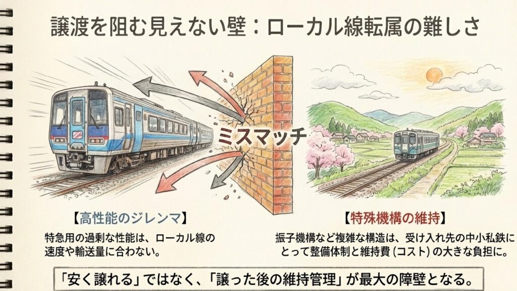 譲渡を阻む見えない壁:ローカル線転属の難しさ 高性能な特急車両とローカル線のミスマッチを表す壁にぶつかる列車のイラスト