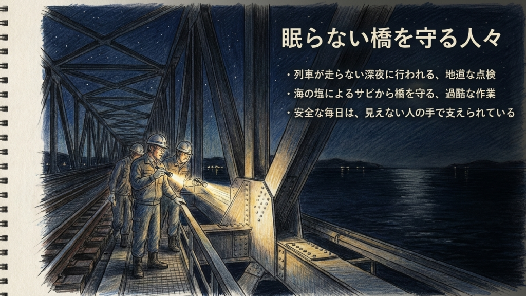 サビから橋を守る深夜の過酷な点検作業