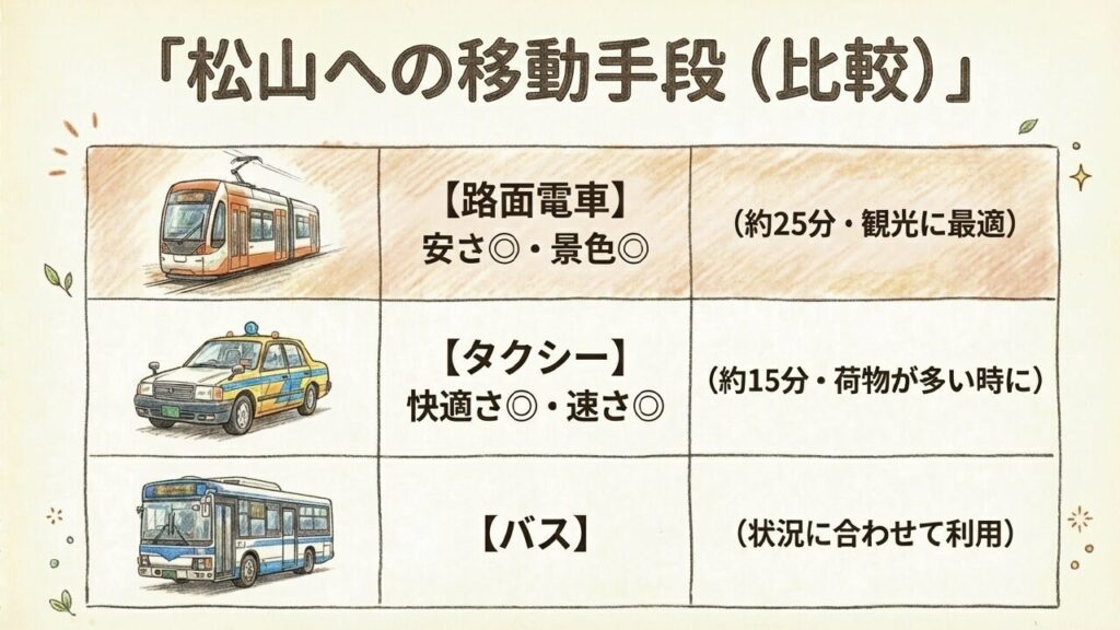 路面電車・タクシー・バスの松山への移動手段比較表