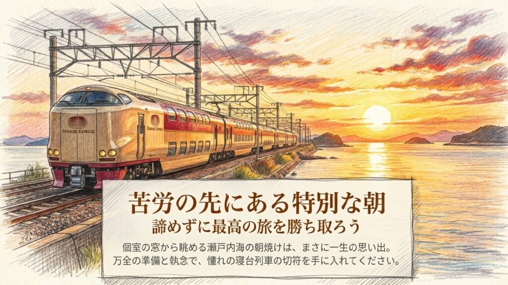 サンライズ瀬戸の個室から見える瀬戸内海の美しい朝焼け