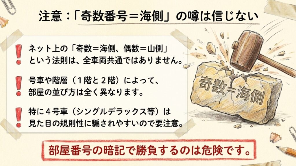 奇数番号が海側という噂は信じない 全車両共通の法則ではない