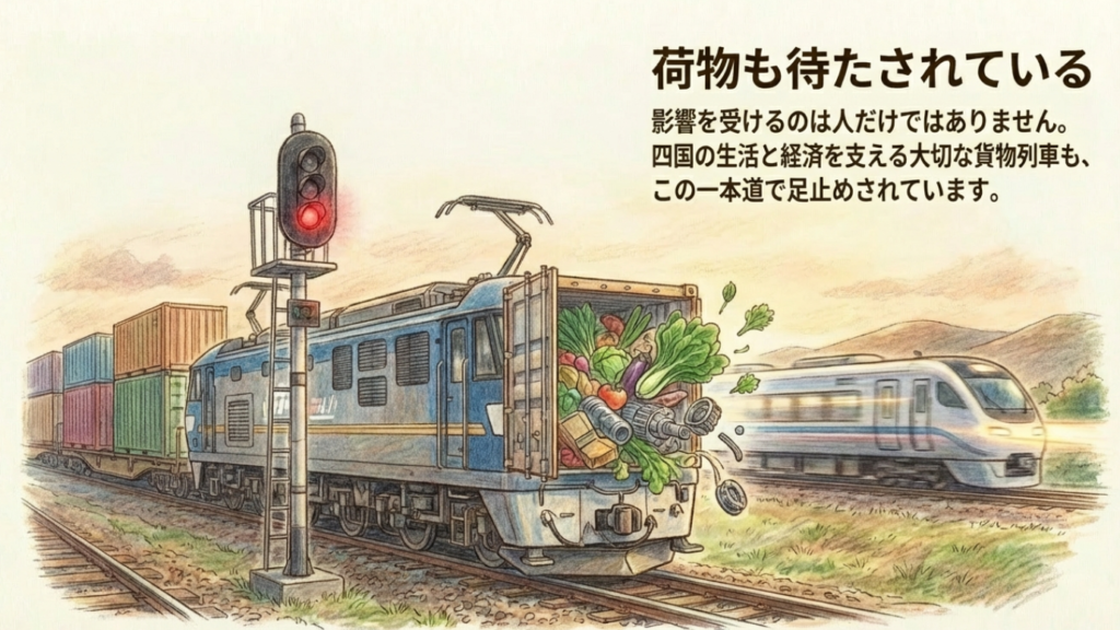 貨物列車が単線区間で停車し、野菜などの荷物が待たされているイラスト