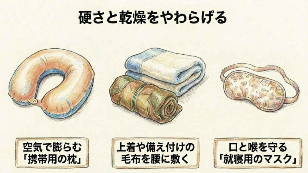 空気で膨らむ携帯用の枕や毛布、アイマスクで硬さと乾燥をやわらげる