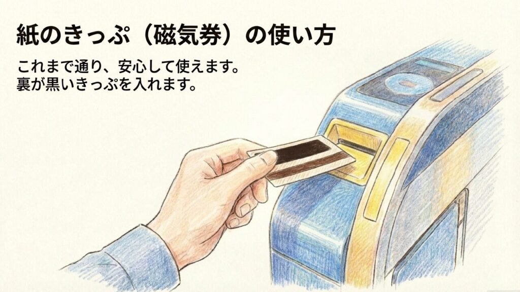 裏が黒い紙のきっぷ（磁気券）を徳島駅の自動改札機に投入するイメージ図