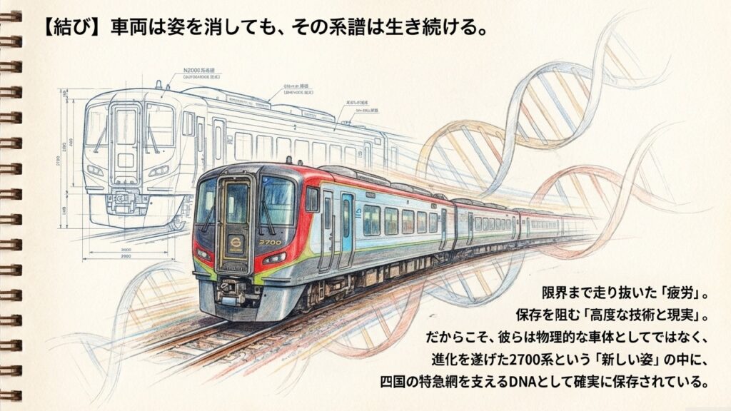 受け継がれる系譜:2700系の中にあるDNA N2000系のDNAを受け継いで走る2700系のイラスト
