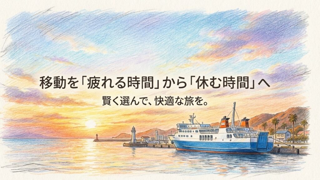 移動を休む時間に変える快適な旅 夕暮れの港に停泊する南海フェリーのイラストと「快適な旅を」というメッセージ
