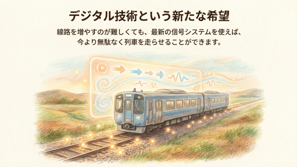 最新のデジタル信号システムで効率的に走る列車のイメージ
