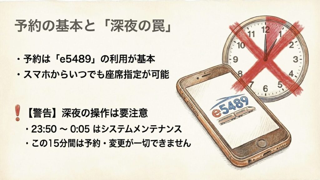 e5489システムメンテナンス時間 e5489の深夜システム休止時間(23:50〜0:05)の注意点