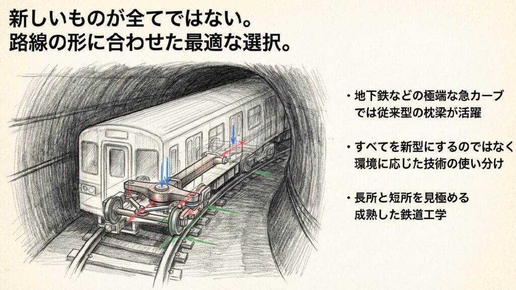 地下鉄の急カーブで活躍する従来型台車