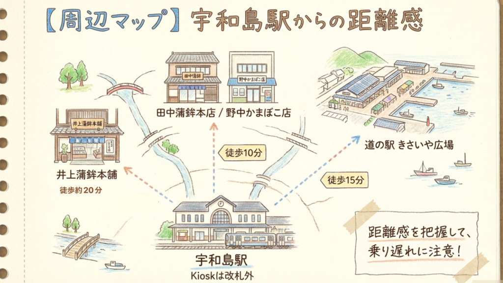 宇和島駅のお土産完全ガイド!駅ナカと道の駅のおすすめや営業時間 3 宇和島駅周辺のお土産店と距離感のマップ