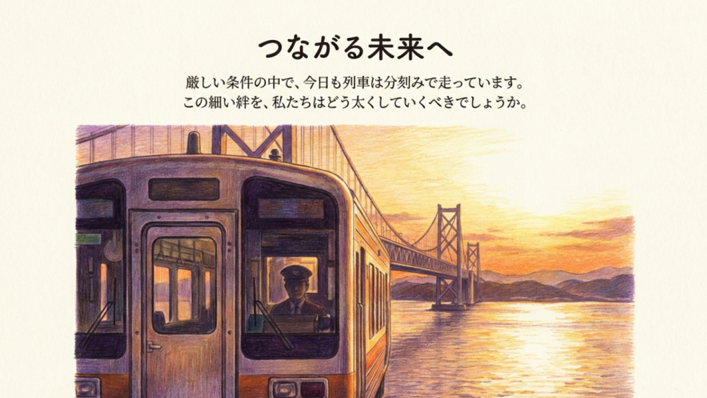 瀬戸大橋を背景に夕暮れ時を走る列車の運転席からの風景