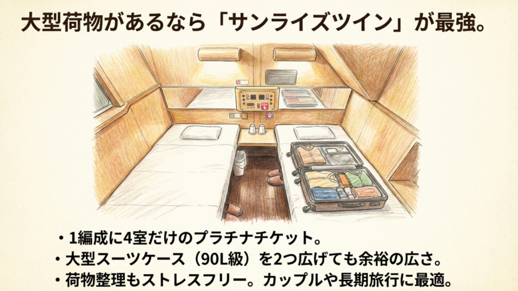 サンライズツインの収納力 シングルツインの荷物は座席下へ