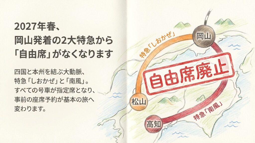 2027年春に自由席が廃止される特急しおかぜと南風の運行ルート図