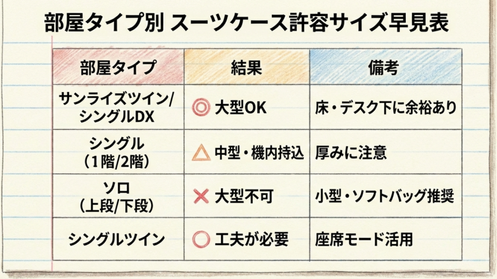 部屋別スーツケースサイズ判定表 部屋タイプ別スーツケース推奨サイズ一覧表・サンライズツインは大型OK、ソロは小型推奨