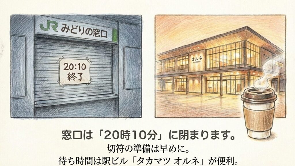 JR高松駅のみどりの窓口は20時10分に終了。切符の準備は早めに。待ち時間は駅ビル タカマツオルネが便利