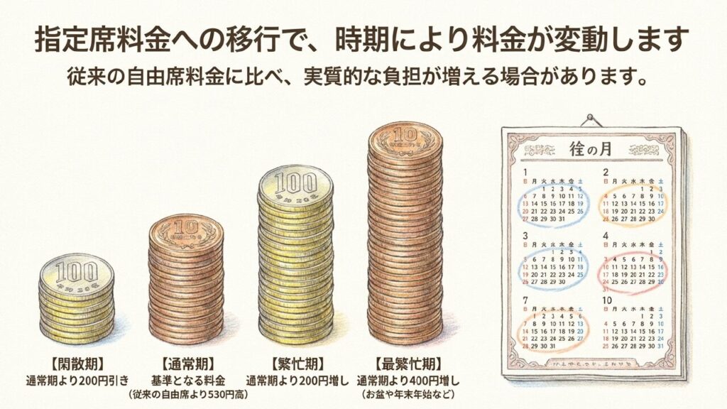 指定席特急料金の時期による変動（閑散期・通常期・繁忙期）のイメージ