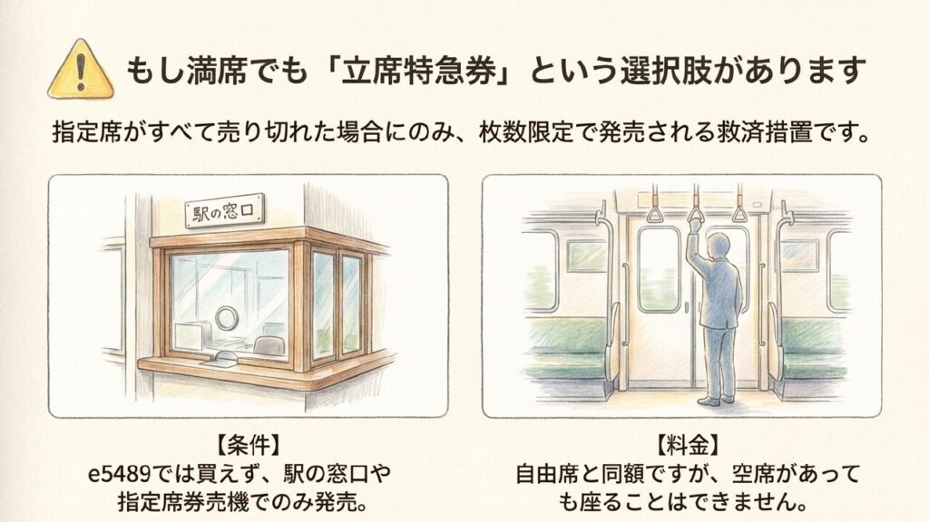満席時に駅の窓口で発売される立席特急券の利用イメージ