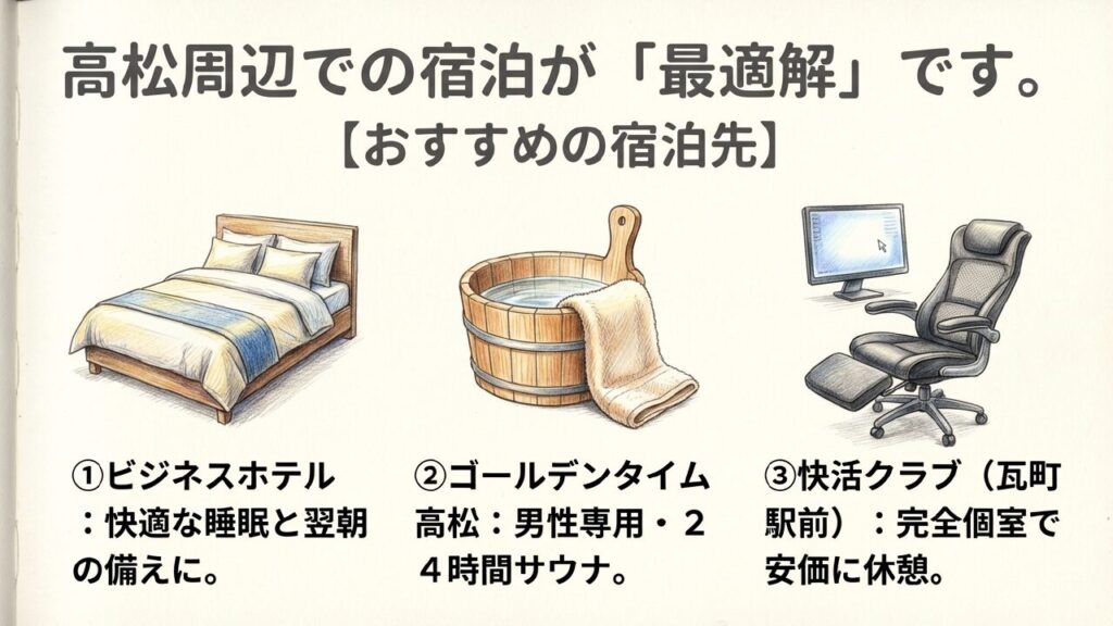 高松周辺での宿泊が最適解 おすすめの宿泊先：ビジネスホテル、男性専用24時間サウナ ゴールデンタイム高松、完全個室で安価に休憩 快活クラブ瓦町駅前店