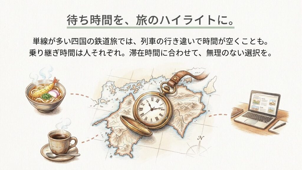 阿波池田駅の待ち時間を楽しむための時間管理コンセプト図