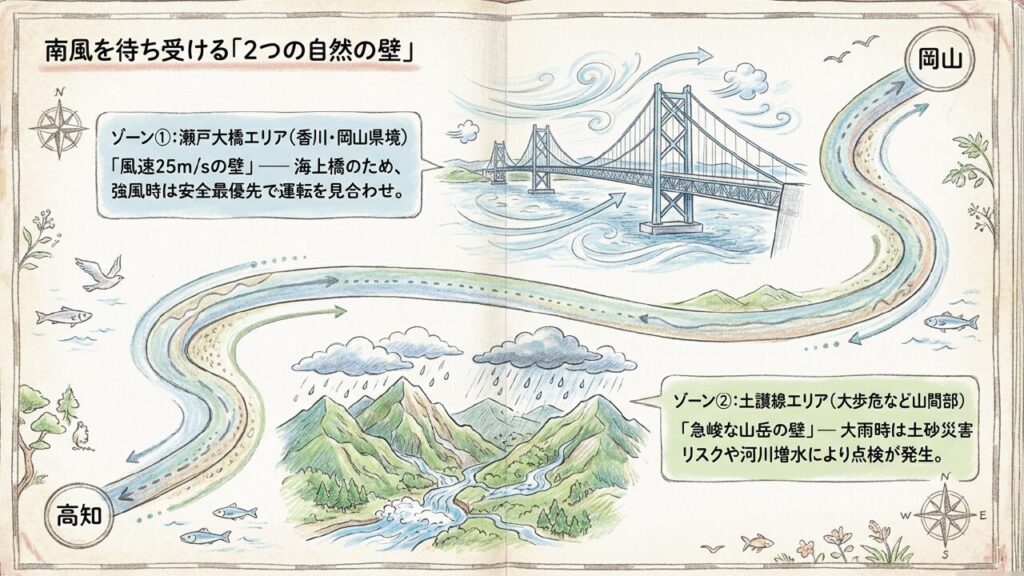 瀬戸大橋の強風と土讃線の大雨リスクを図解した2つの自然の壁