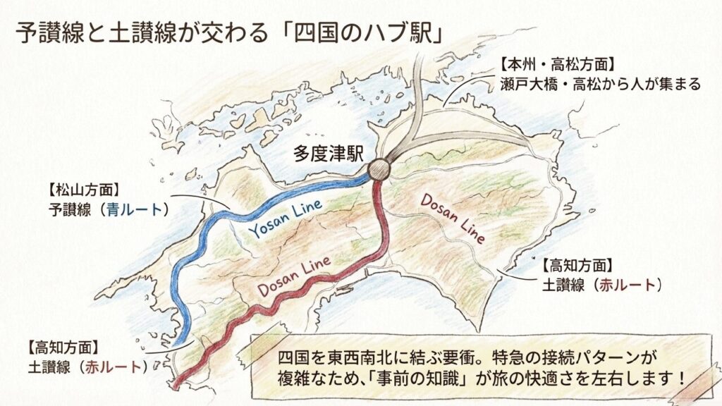予讃線と土讃線が交わる四国のハブ駅である多度津駅の路線図。高松、松山、高知方面へのルート解説。