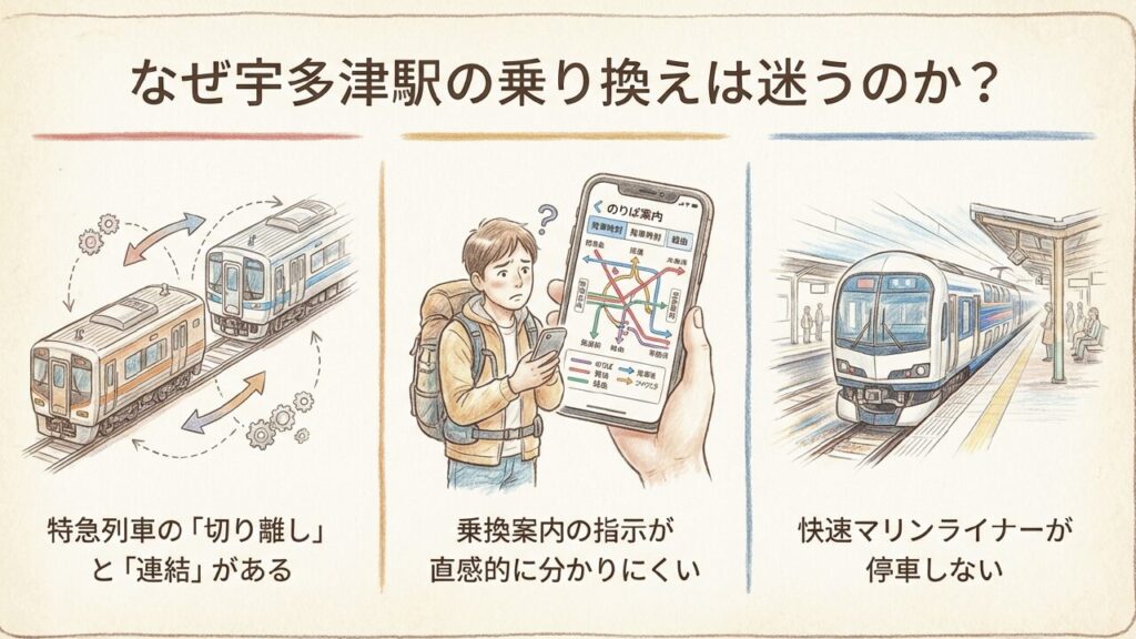 宇多津駅の乗り換えが迷いやすい理由 なぜ宇多津駅の乗り換えは迷うのか?直感的に分かりにくい接続や切り離し
