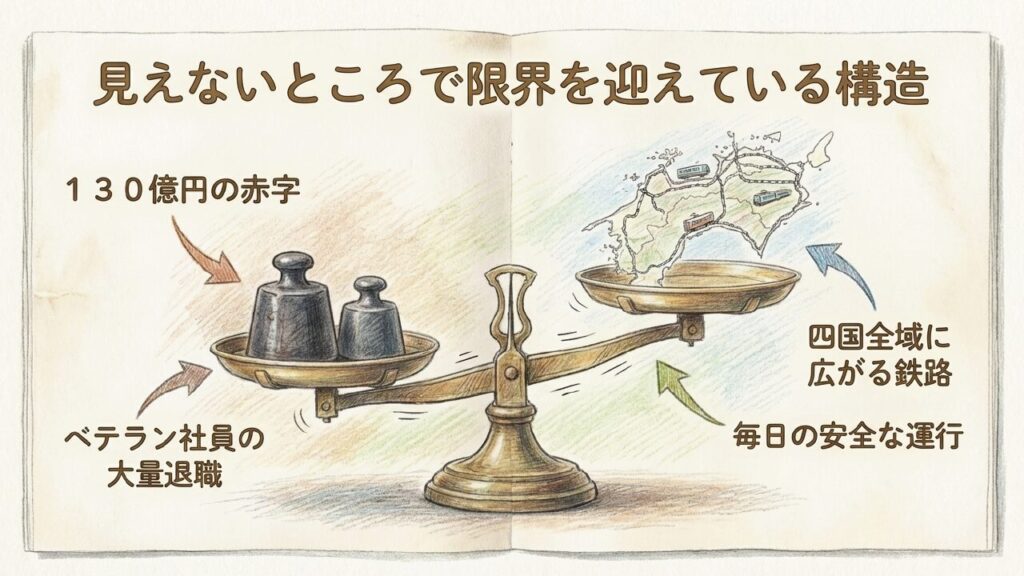 130億円の赤字やベテラン退職など構造的な問題をまとめた図解