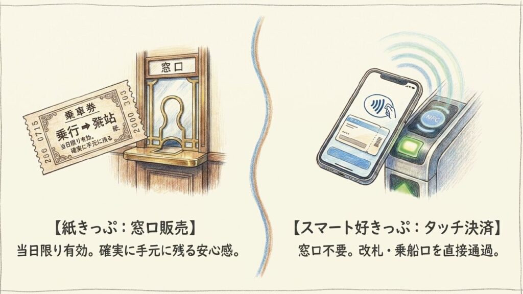 紙きっぷ（窓口販売）とスマート好きっぷ（タッチ決済）の比較
