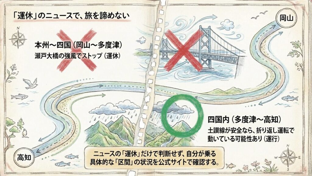本州が運休でも四国内は運行している可能性を示す路線マップ