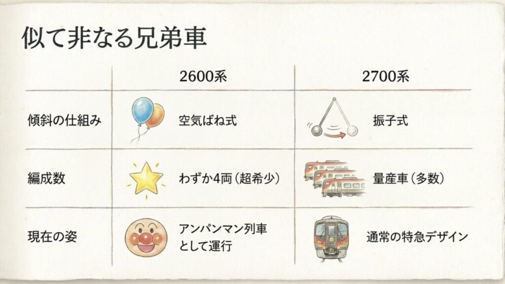 2600系と2700系の見分け方と車体傾斜方式の比較表