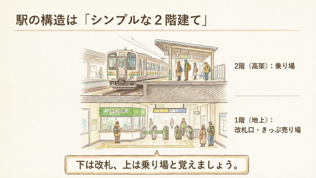 宇多津駅の2層構造イラスト 宇多津駅の構造はシンプルな2階建て。1階が改札口・きっぷ売り場、2階が高架乗り場