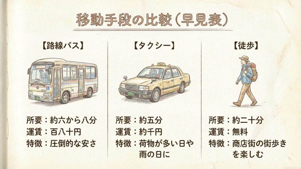 路線バス・タクシー・徒歩の移動手段比較表
