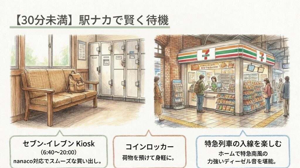 阿波池田駅構内の待合ベンチとセブン-イレブンKiosk