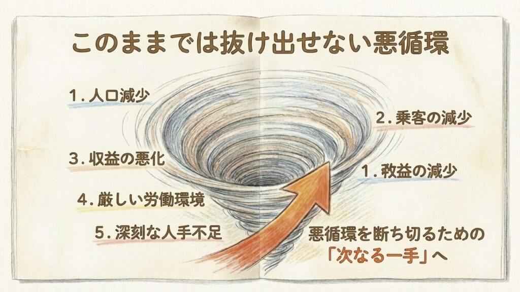 人口減少から人手不足に至る悪循環の図解