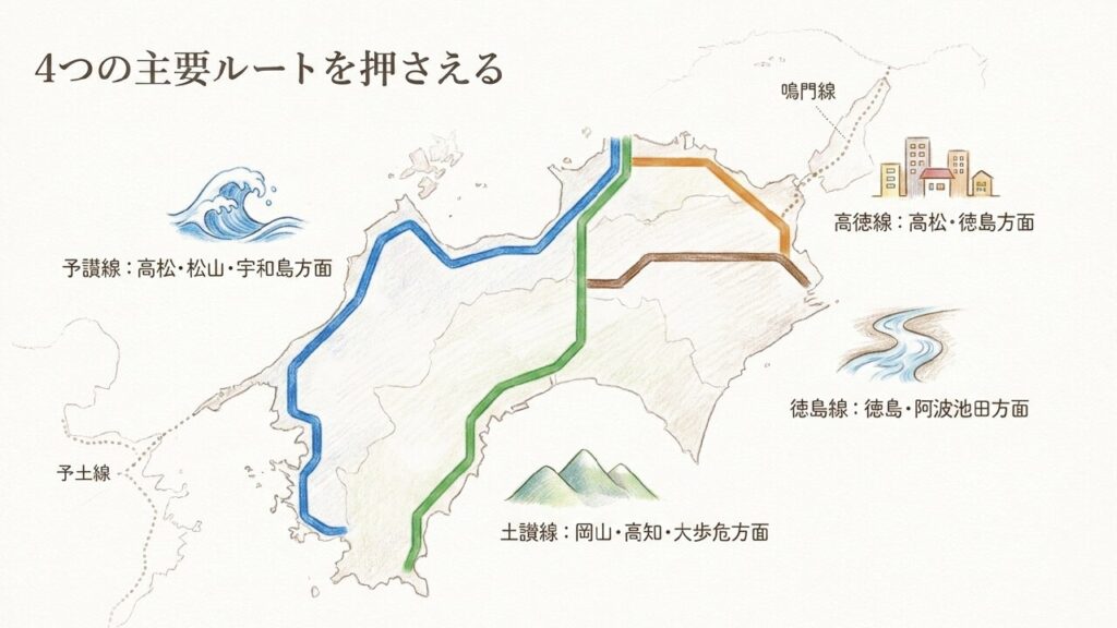 予讃線・土讃線・高徳線・徳島線の四国4つの主要ルートマップ