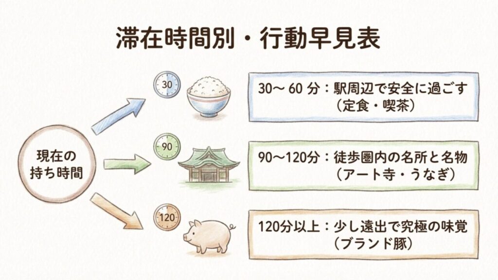 窪川駅の滞在時間別行動早見表