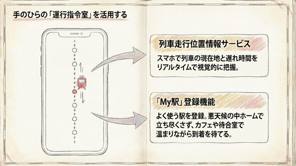スマホで列車の現在地と遅れ時間をリアルタイムに把握する画面イメージ