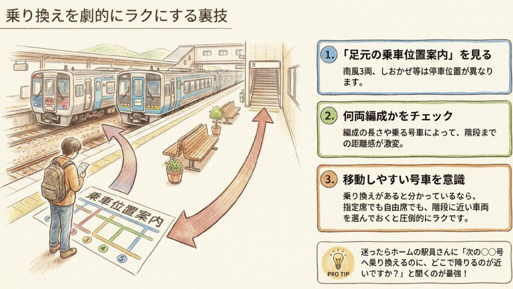 乗り換えをラクにする多度津駅の乗車位置案内を見る裏技。足元の表示を見て適切な号車に乗るイラスト。