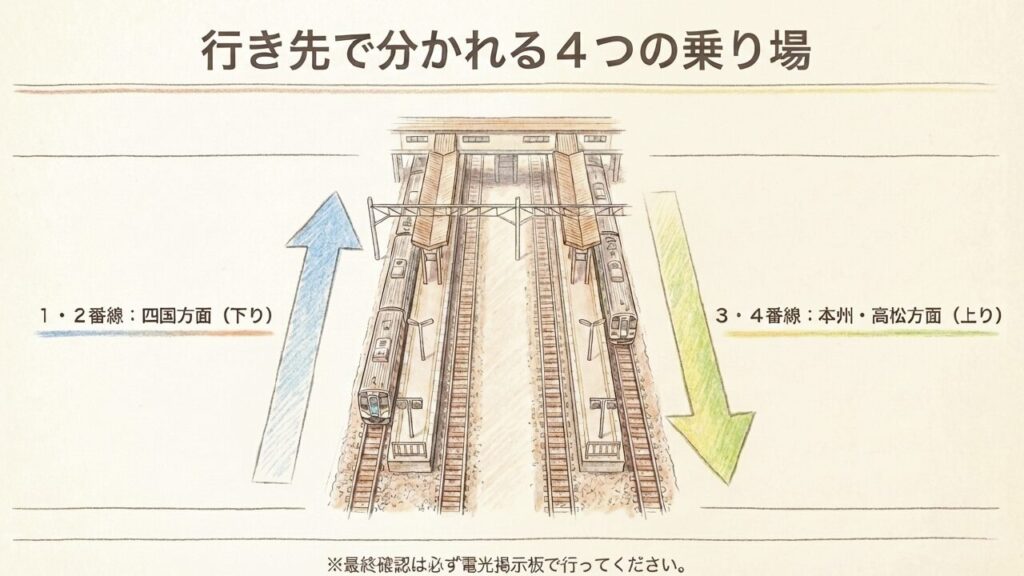 宇多津駅の行き先別乗り場案内 行き先で分かれる宇多津駅の4つの乗り場。1・2番線が四国方面、3・4番線が本州・高松方面
