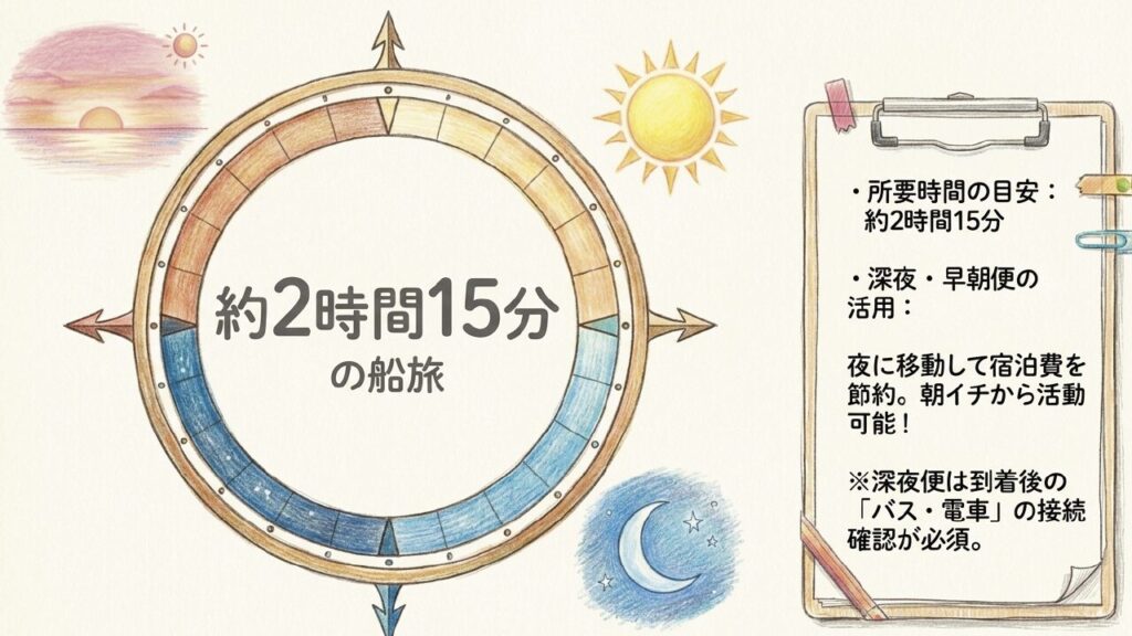 南海フェリーの所要時間（約2時間15分）と深夜・早朝便の活用メリット