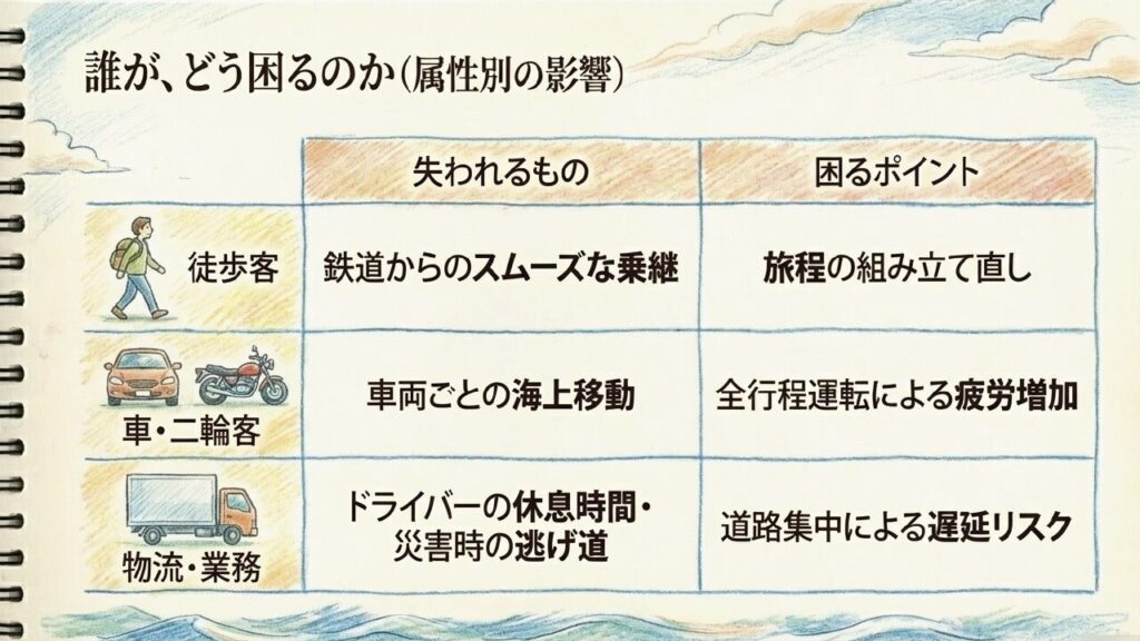 属性別の影響一覧 徒歩・車・物流など利用者属性別の影響と困るポイント一覧
