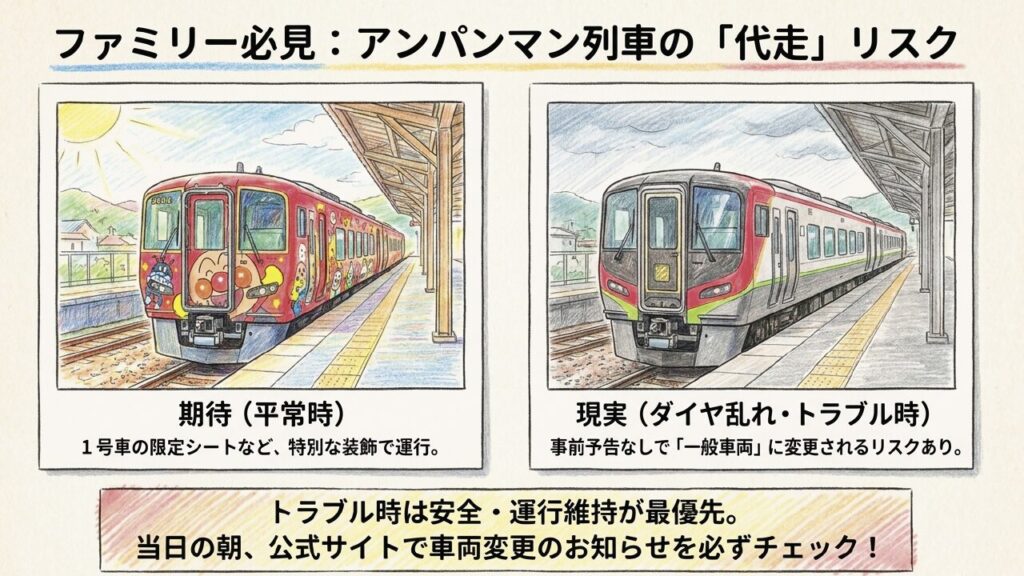 ダイヤ乱れ時にアンパンマン列車が一般車両に変更される代走リスク