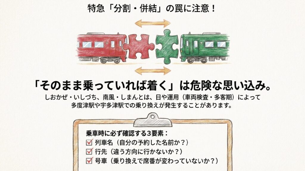 特急しおかぜ・いしづち、南風・しまんとの分割・併結の罠に注意を促すイラスト。乗り換え時に確認すべき3要素。