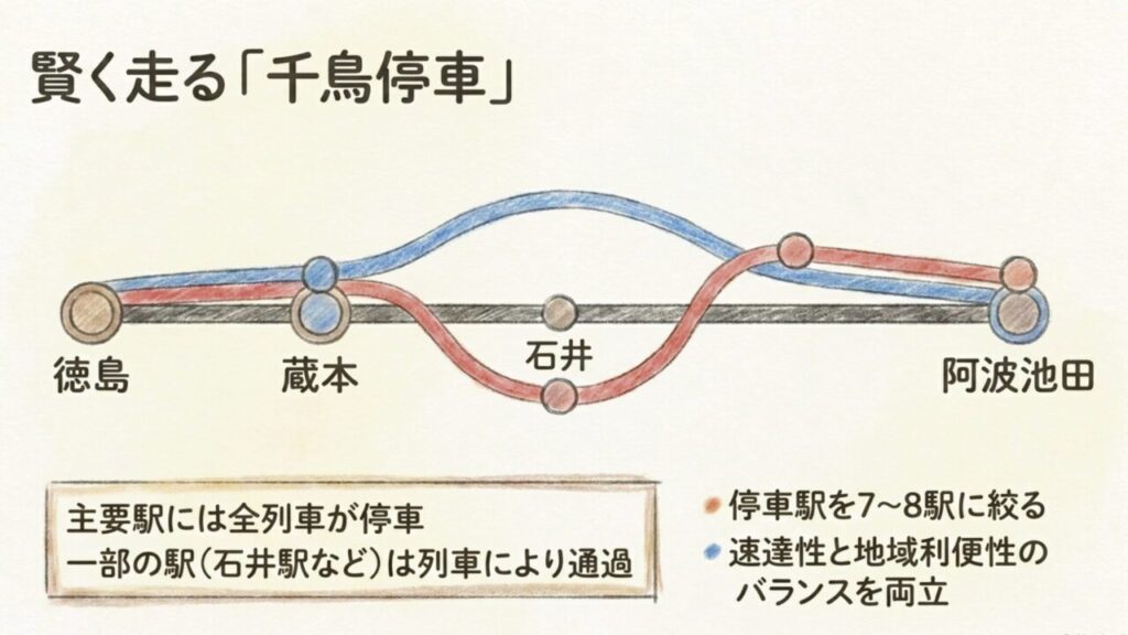 石井駅などを通過する千鳥停車の仕組み