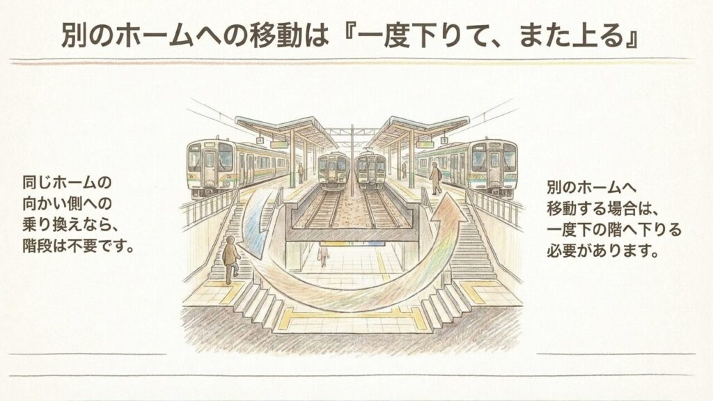宇多津駅のホーム間移動の動線 別のホームへの移動は一度下りて、また上る。同じホームの向かい側なら階段は不要