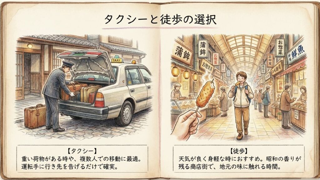 タクシーと徒歩での移動の選択