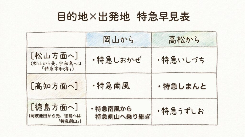 目的地と出発地から選ぶJR四国の特急早見表