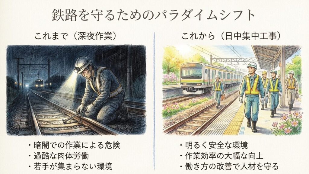 深夜の過酷な保線作業から日中作業へ移行するイラスト
